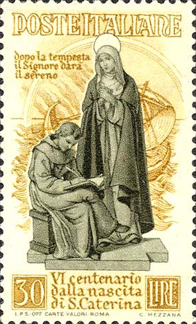 Francobollo Santa Caterina Mentre Detta uno dei "Dialoghi" -  1948