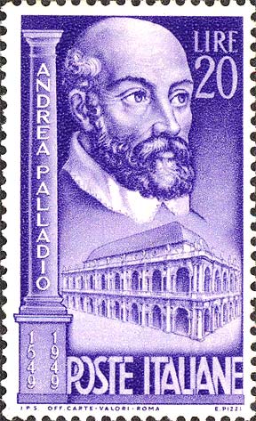 Francobollo Ritratto di Andrea Palladio e Palazzo della Ragione, a Vicenza -  1949