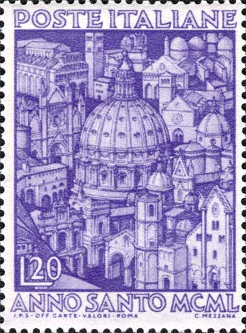 Francobollo Cupola di San Pietro Circondata da Chiese Italiane -  1950