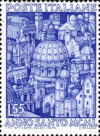 Francobollo Cupola di San Pietro Circondata da Chiese Italiane -  1950