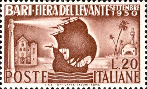 Francobollo Caravella, Faro e Chiesa di San Nicola, a Bari -  1950