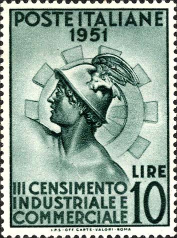Francobollo Testa di Mercurio e Ruota Dentata -  1951