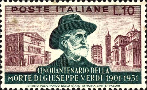 Francobollo Ritratto di Giuseppe Verdi e Teatro di Parma -  1951