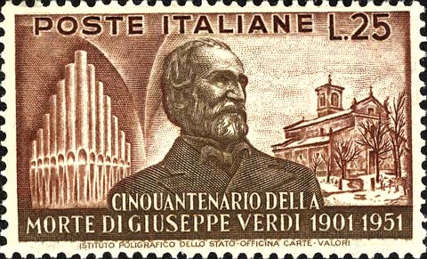 Francobollo Ritratto di Giuseppe Verdi, Organo e Chiesa -  1951