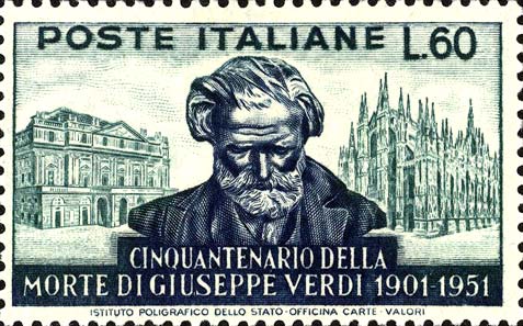Francobollo Ritratto di Giuseppe Verdi, Duomo di Milano e Teatro alla Scala -  1951