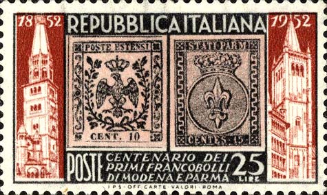 Francobollo 10 Cent di Modena, 15 Cent di Parma, Ghirlandina di Modena e Duomo di Parma -  1952