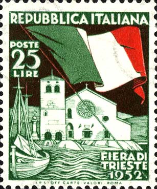 Francobollo Cattedrale di San Giusto e Bandiera d'Italia -  1952