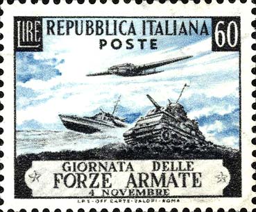 Francobollo Aeroplano, Imbarcazione e Carro Armato -  1952