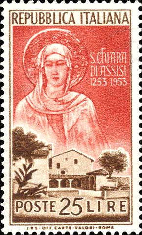 Francobollo Ritratto di Santa Chiara e Convento di San Damiano, ad Assisi -  1953