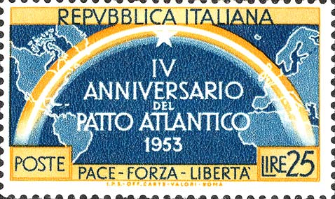 Francobollo Arcobaleno e Carta Geografica con America ed Europa -  1953