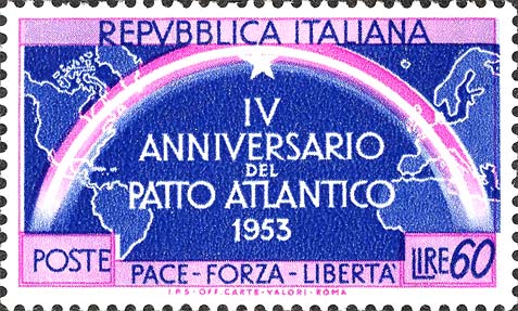 Francobollo Arcobaleno e Carta Geografica con America ed Europa -  1953