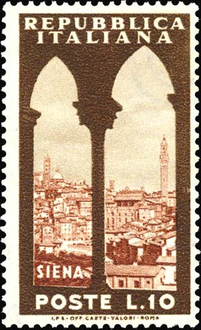Francobollo Siena e Torre dei Mangia -  1953