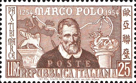 Francobollo Ritratto di Marco Polo, Leone di Venezia, Drago Cinese e Cartina Geografica -  1954