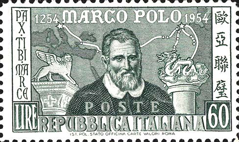 Francobollo Ritratto di Marco Polo, Leone di Venezia, Drago Cinese e Cartina Geografica -  1954