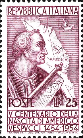 Francobollo Ritratto di Amerigo Vespucci e Cartina Geografica -  1954