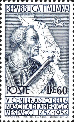 Francobollo Ritratto di Amerigo Vespucci e Cartina Geografica -  1954