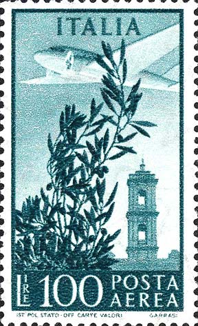 Francobollo Ulivo, Aeroplano e Torre del Campidoglio -  1955