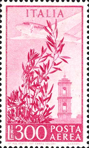Francobollo Ulivo, Aeroplano e Torre del Campidoglio -  1955