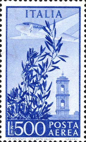 Francobollo Ulivo, Aeroplano e Torre del Campidoglio -  1955
