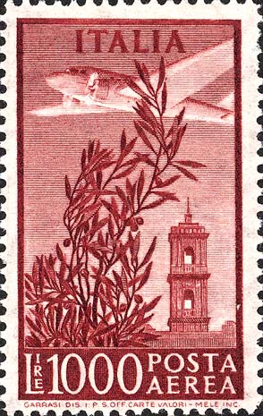 Francobollo Ulivo, Aeroplano e Torre del Campidoglio -  1955