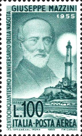 Francobollo Ritratto di Giuseppe Mazzini e Lanterna di Genova -  1955
