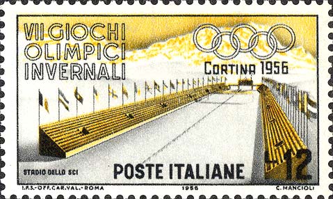 Francobollo Stadio della Neve e Monti Cristallo, Sorapis e Antelao -  1956