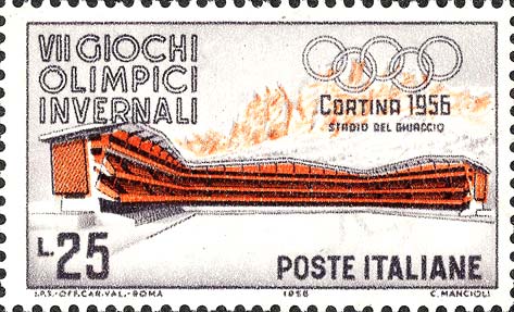 Francobollo Stadio del Ghiaccio e Monte Pomagagnon -  1956