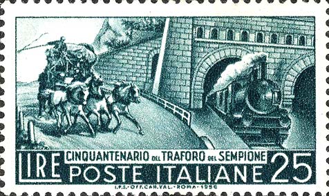 Francobollo Diligenza e Locomotiva all'Uscita dal Traforo del Sempione -  1956