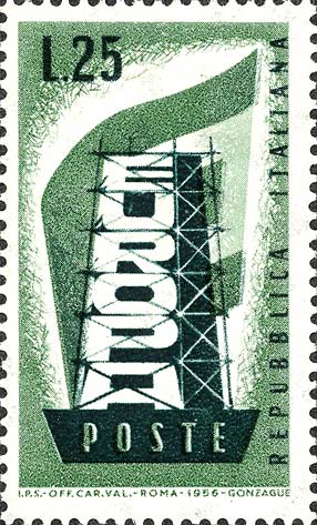 Francobollo Scritta "Europa" in Costruzione e Bandiera del Movimento Europeistico -  1956