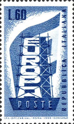 Francobollo Scritta "Europa" in Costruzione e Bandiera del Movimento Europeistico -  1956