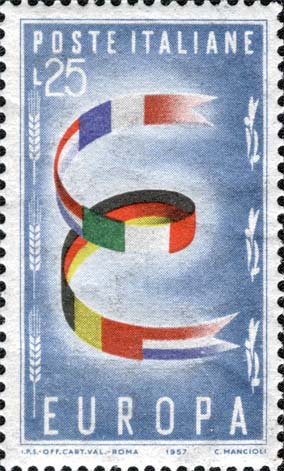 Francobollo Lettera E Formata dalle Bandiere degli Stati della Comunità Europea -  1957