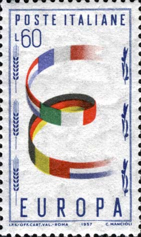 Francobollo Lettera E Formata dalle Bandiere degli Stati della Comunità Europea -  1957