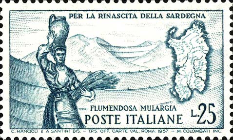 Francobollo Donna Sarda e Cartina della Sardegna -  1958
