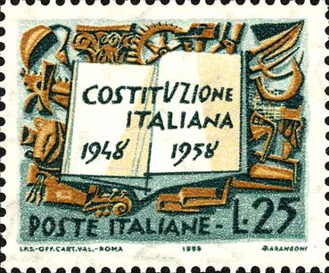 Francobollo Costituzione Italiana e Simboli del Lavoro -  1958