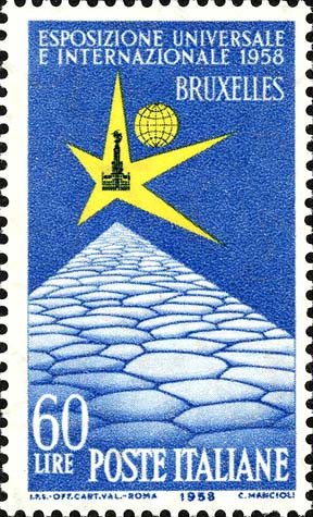 Francobollo Emblema dell'Esposizione e Strada Romana -  1958