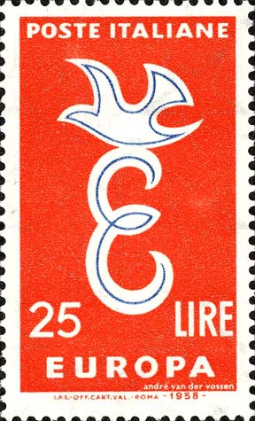 Francobollo Lettera E e Colomba -  1958