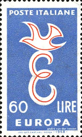Francobollo Lettera E e Colomba -  1958