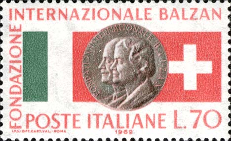 Francobollo Ritratti di Eugenio Balzan e Angela Lina e Bandiere d'Italia e Svizzera -  1962