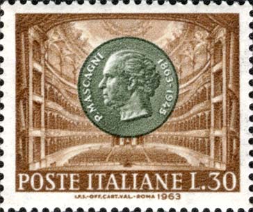Francobollo Ritratto di Pietro Mascagni e Teatro Costanzi di Roma -  1963
