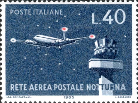 Francobollo Aereo in Volo Notturno e Torre di Controllo -  1965