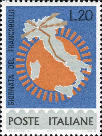 Francobollo Cartina d'Italia con Evidenziata l'Autostrada del Sole -  1965