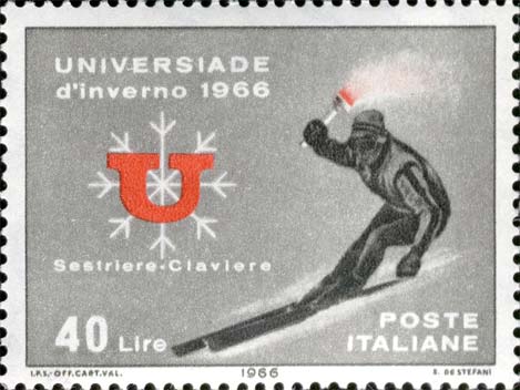 Francobollo Sciatore in Discesa con Fiaccola -  1966