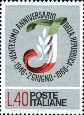Francobollo Lettera I Formata da un Nastro Tricolore e da un Ramoscello d'Ulivo -  1966