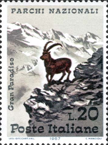 Francobollo Stambecco e Monti del Lavon nel Parco del Gran Paradiso -  1967