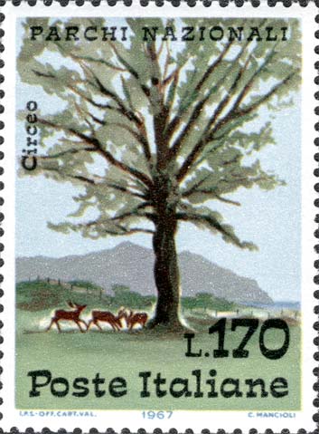 Francobollo Daini e Albero nel Parco del Circeo -  1967