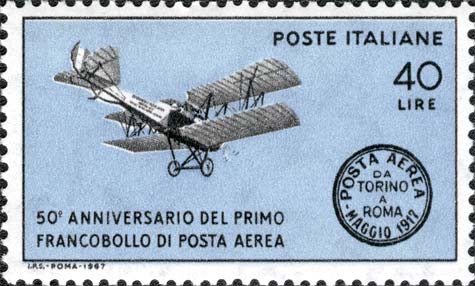 Francobollo Aereo "Pomilio PC 1" che Trasportò la Prima Corrispondenza Aerea al Mondo -  1967