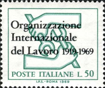 Francobollo Emblema del Cinquantenario dell'Organizzazione del Lavoro -  1969