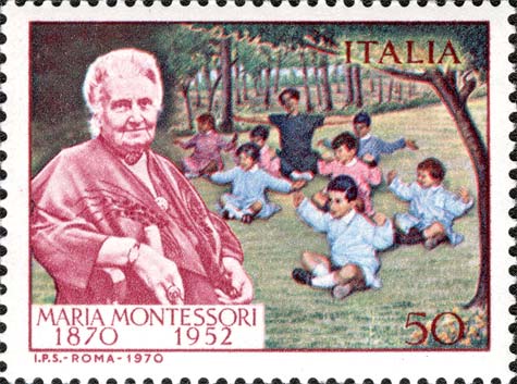Francobollo Ritratto di Montessori e Gruppo di Bambini -  1970