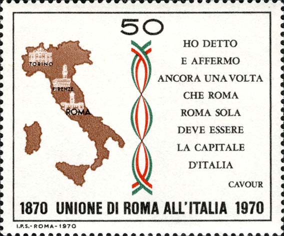 Francobollo Italia con Evidenziati Monumenti di Torino, Firenze, Roma e Frase di Cavour -  1970