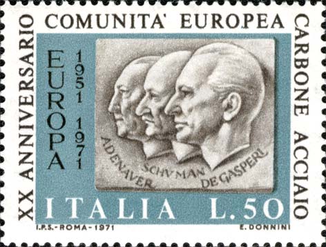 Francobollo Profili di Adenauer, Schuman e de Gasperi -  1971